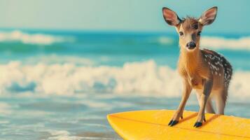 ai generato un' carino cervo surfer gode un' pieno di divertimento estate giorno a il spiaggia, equitazione onde con entusiasmo, ai generato. foto