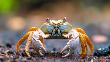 ai generato Granchio scarichi attraverso il sabbioso spiaggia, conchiglia scintillante sotto il sole, costiero fascino, ai generato. foto