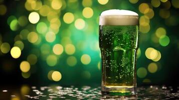 ai generato rinfrescante verde birra pinta con bolle su bokeh sfondo, ai generato. foto