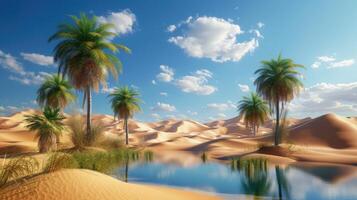 ai generato sereno oasi emerge nel il deserto di sabbia, offerta un' tranquillo, calmo tregua in mezzo arido paesaggi. ai generato foto