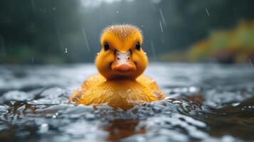 ai generato avvicinamento di un' gomma da cancellare anatra galleggiante su acqua, suo allegro presenza schiarimento il scena, ai generato. foto