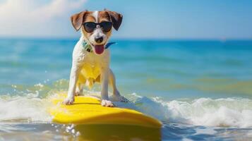 ai generato un' carino cane surfer gode un' pieno di divertimento estate giorno a il spiaggia, equitazione onde con entusiasmo, ai generato. foto