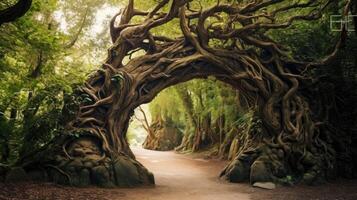 ai generato nel il foresta, rami modulo un' naturale arco, ai generato foto