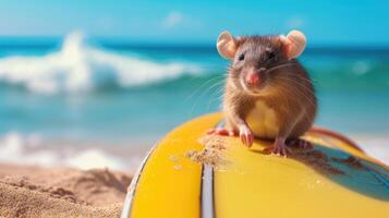 ai generato un' carino ratto surfer gode un' pieno di divertimento estate giorno a il spiaggia, equitazione onde con entusiasmo, ai generato. foto