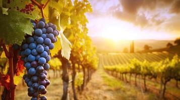 ai generato maturo uva crogiolarsi nel il tramonto splendore di un' vigneto nel Toscana, Italia, ai generato. foto