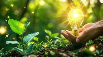 ai generato un' leggero lampadina motorizzato di rinnovabile energia, raggiante con il brillantezza di verde innovazione, ai generato. foto