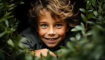 ai generato sorridente bambino all'aperto, allegro ragazzi nel natura, carino ritratto generato di ai foto