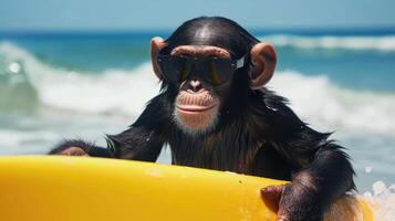 ai generato un' carino scimpanzé surfer gode un' pieno di divertimento estate giorno a il spiaggia, equitazione onde con entusiasmo, ai generato. foto