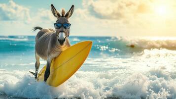 ai generato un' carino asino surfer gode un' pieno di divertimento estate giorno a il spiaggia, equitazione onde con entusiasmo, ai generato. foto