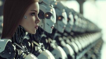 ai generato cyborg donna sta in mezzo un' riga di robot nel il sfondo, ai generato. foto