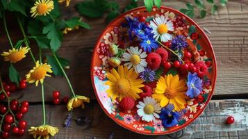 ai generato vivace piatto ornato con fiori e frutti di bosco si siede in cima rustico di legno tavolo, ai generato. foto