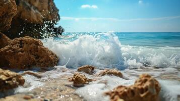 ai generato tropicale onde Crashing contro antico rocce. ai generato foto