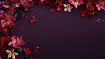 ai generato fiori e petali disposte su un' in profondità rosso e viola sfondo. ai generato foto