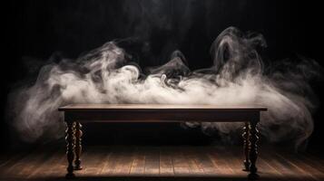 ai generato Fumo crescente a partire dal un vuoto di legno tavolo contro un' buio sfondo. ai generato. foto