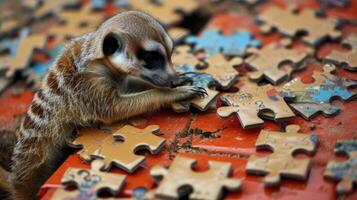 ai generato carino meerkat assorto nel un' sega puzzle, aggiungendo un' capriccioso tocco, ai generato. foto