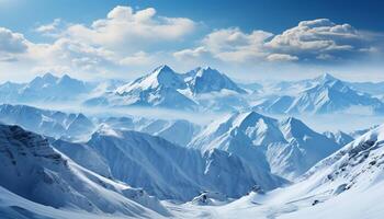 ai generato tranquillo montagna picco, blu cielo, congelato paesaggio, inverno avventura generato di ai foto