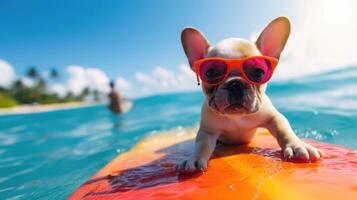 ai generato un' carino cucciolo surfer gode un' pieno di divertimento estate giorno a il spiaggia, equitazione onde con entusiasmo, ai generato. foto