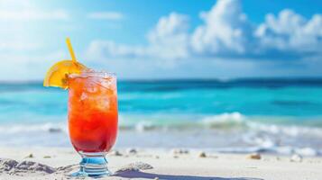 ai generato freddo estate cocktail su bianca spiaggia, mare Visualizza, spazio per testo, ai generato. foto