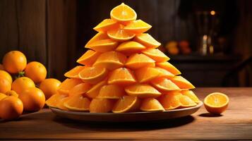 ai generato piramide di affettato arance su di legno tavolo, promozione naturale, salutare mangiare. fresco vitalità, ai generato. foto