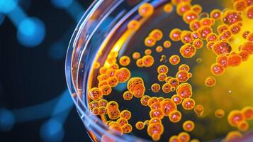 ai generato macro avvicinamento rivela batteri e virus cellule fiorente nel un' scientifico laboratorio petri piatto. ai generato. foto