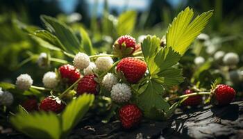 ai generato freschezza di natura maturo, biologico bacca frutta su un' verde foglia generato di ai foto