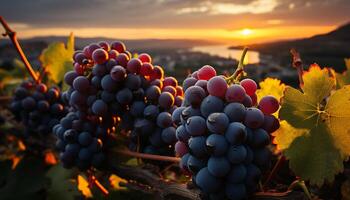ai generato tramonto al di sopra di vigneto, maturo uva su frondoso viti, natura bellezza generato di ai foto