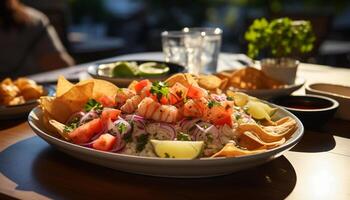 ai generato fresco frutti di mare pasto su piatto, salutare grigliato carne e verdure generato di ai foto