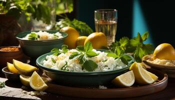 ai generato fresco frutti di mare insalata con grigliato pesce, Limone, e coriandolo generato di ai foto