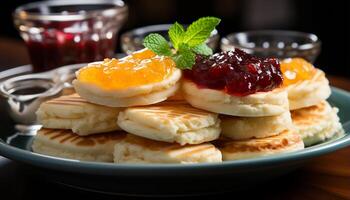 ai generato appena al forno Pancakes con un' dolce bacca salsa e crema generato di ai foto