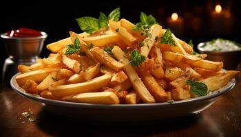 ai generato appena cucinato buongustaio pasto patatine fritte, carne, e pasta su piatto generato di ai foto