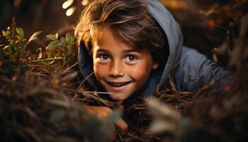 ai generato sorridente bambino all'aperto, felicità nel natura, allegro infanzia ragazzi generato di ai foto