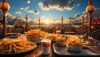 ai generato mangiare buongustaio patatine fritte a un' mare sbarra, godendo estate tramonto generato di ai foto