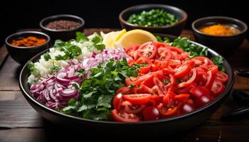 ai generato fresco, salutare insalata con biologico la verdura, grigliato carne, e erbe aromatiche generato di ai foto