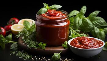 ai generato fresco pomodoro salsa, fatti in casa immersione, salato pasta, salutare vegetariano pasto generato di ai foto