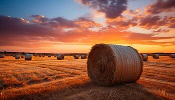 ai generato tramonto al di sopra di un' rurale azienda agricola, d'oro Grano balle punto il prato generato di ai foto