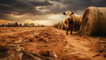 ai generato rurale azienda agricola mucche pascolare su prato, raccogliere Grano sotto tramonto generato di ai foto