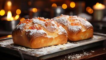 ai generato appena al forno pane, un' dolce indulgenza, pronto per mangiare generato di ai foto