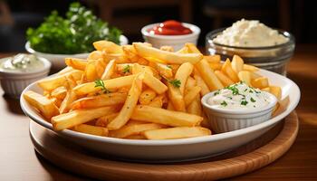 ai generato freschezza e calore su un' piatto, buongustaio pranzo di fritte francese patatine fritte generato di ai foto