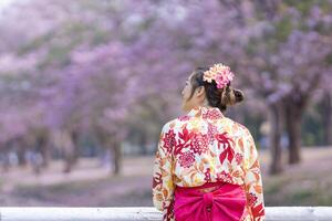 indietro di giapponese donna nel tradizionale chimono vestito è guardare a il Visualizza di sakura fiore albero nel il parco a ciliegia fiorire primavera Festival con copia spazio foto