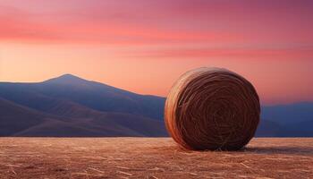 ai generato tramonto al di sopra di rurale azienda agricola, mucchi di fieno rotolo nel d'oro prati generato di ai foto