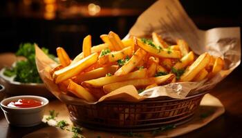 ai generato appena fritte buongustaio francese patatine fritte, un' croccante e malsano merenda generato di ai foto