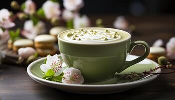 ai generato freschezza di natura nel un' tazza, caffè e fiore buongustaio generato di ai foto