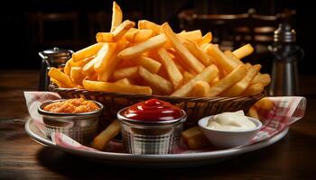 ai generato appena fritte francese patatine fritte su un' buongustaio pasto piatto generato di ai foto