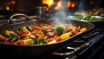 ai generato grigliato carne e la verdura, un' salutare buongustaio pasto cucinato all'aperto generato di ai foto