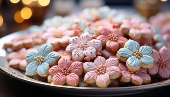 ai generato fatti in casa buongustaio biscotti con rosa glassatura e fiore decorazione generato di ai foto