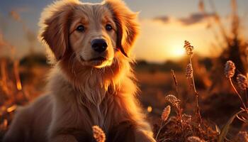 ai generato carino cucciolo seduta nel erba, guardare a tramonto, giocoso e contento generato di ai foto
