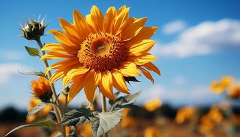 ai generato vivace girasole, giallo fiore testa, natura bellezza nel rurale prato generato di ai foto