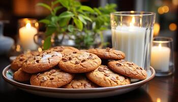 ai generato fatti in casa cioccolato patata fritta biscotti su di legno tavolo, indulgenza e freschezza generato di ai foto