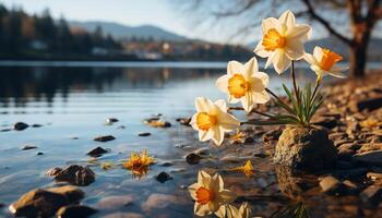 ai generato il giallo fiore fiori nel il tranquillo prato, riflettendo natura bellezza generato di ai foto