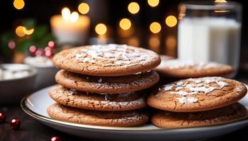 ai generato fatti in casa cioccolato patata fritta biscotti impilati su rustico inverno tavolo generato di ai foto